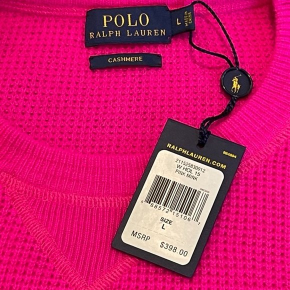 NWT Polo Ralph Lauren 100% Cashmere Sweater Waffle Knit Neon Pink Mink Large - Picture 2 of 5